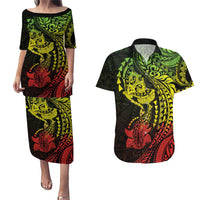 Hawaiian Manta Ray and Hammerhead Shark Tribal Tattoo Couples Matching Puletasi and Hawaiian Shirt with Polynesian Tribal Pattern Reggae Style LT03 Multicolor - Polynesian Pride