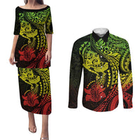 Hawaiian Manta Ray and Hammerhead Shark Tribal Tattoo Couples Matching Puletasi and Long Sleeve Button Shirt with Polynesian Tribal Pattern Reggae Style LT03 Multicolor - Polynesian Pride