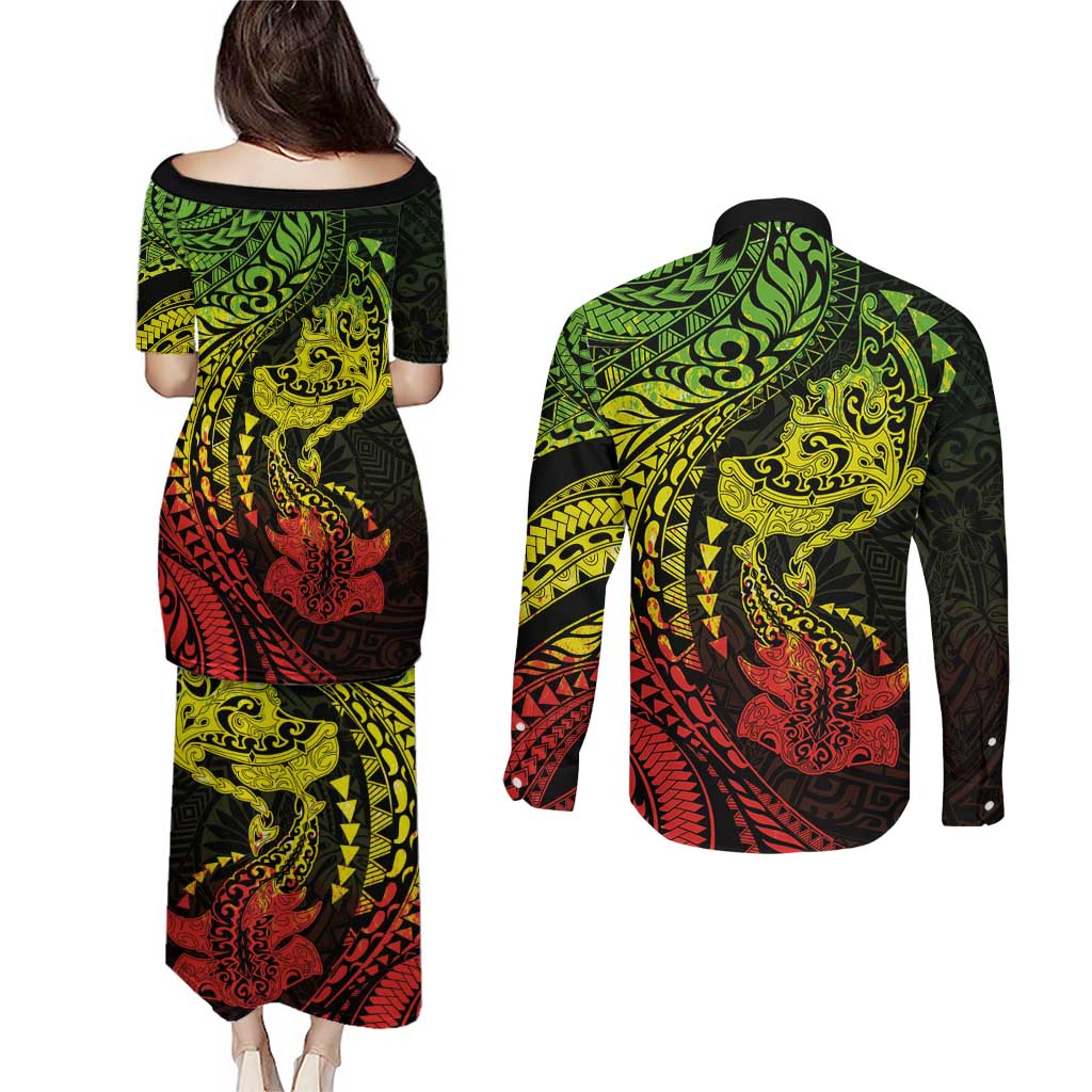 Hawaiian Manta Ray and Hammerhead Shark Tribal Tattoo Couples Matching Puletasi and Long Sleeve Button Shirt with Polynesian Tribal Pattern Reggae Style LT03 - Polynesian Pride