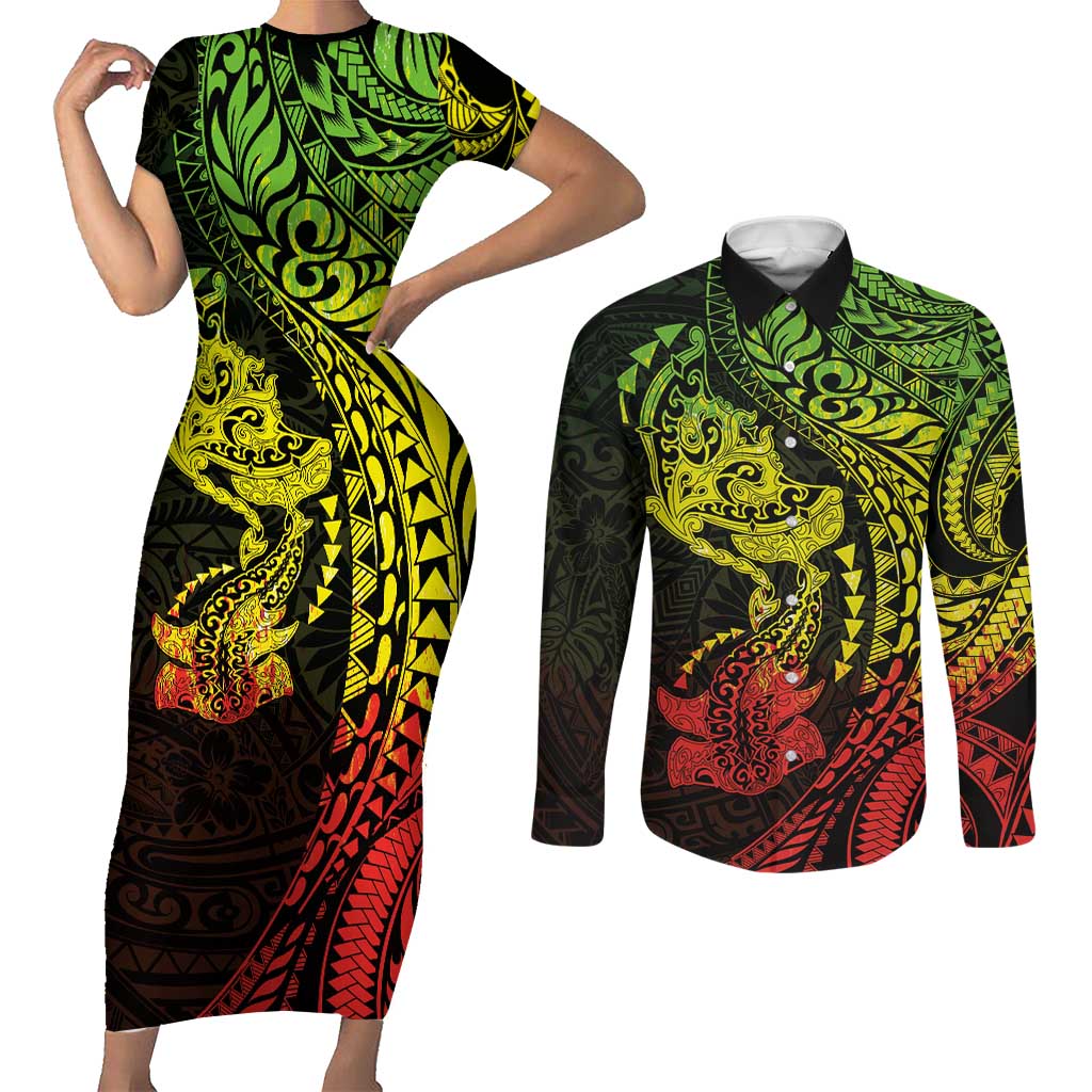 Hawaiian Manta Ray and Hammerhead Shark Tribal Tattoo Couples Matching Short Sleeve Bodycon Dress and Long Sleeve Button Shirt with Polynesian Tribal Pattern Reggae Style LT03 Multicolor - Polynesian Pride