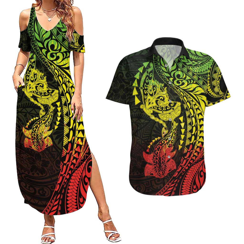 Hawaiian Manta Ray and Hammerhead Shark Tribal Tattoo Couples Matching Summer Maxi Dress and Hawaiian Shirt with Polynesian Tribal Pattern Reggae Style LT03 Multicolor - Polynesian Pride