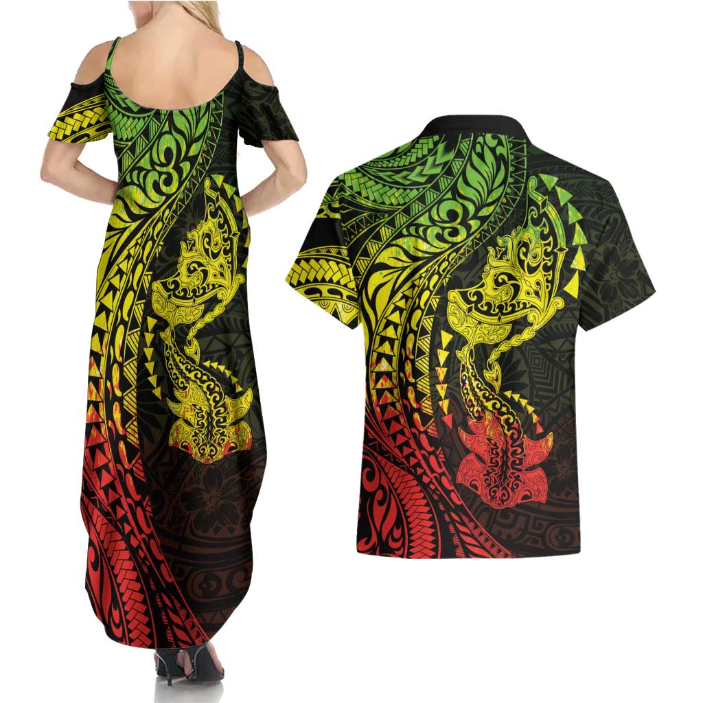 Hawaiian Manta Ray and Hammerhead Shark Tribal Tattoo Couples Matching Summer Maxi Dress and Hawaiian Shirt with Polynesian Tribal Pattern Reggae Style LT03 - Polynesian Pride