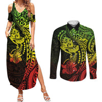 Hawaiian Manta Ray and Hammerhead Shark Tribal Tattoo Couples Matching Summer Maxi Dress and Long Sleeve Button Shirt with Polynesian Tribal Pattern Reggae Style LT03 Multicolor - Polynesian Pride