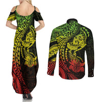 Hawaiian Manta Ray and Hammerhead Shark Tribal Tattoo Couples Matching Summer Maxi Dress and Long Sleeve Button Shirt with Polynesian Tribal Pattern Reggae Style LT03 - Polynesian Pride