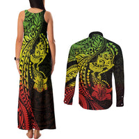 Hawaiian Manta Ray and Hammerhead Shark Tribal Tattoo Couples Matching Tank Maxi Dress and Long Sleeve Button Shirt with Polynesian Tribal Pattern Reggae Style LT03 - Polynesian Pride