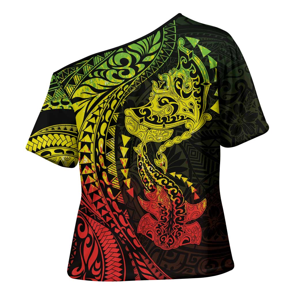Hawaiian Manta Ray and Hammerhead Shark Tribal Tattoo Cross Shoulder Shirt with Polynesian Tribal Pattern Reggae Style LT03 - Polynesian Pride