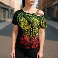 Hawaiian Manta Ray and Hammerhead Shark Tribal Tattoo Cross Shoulder Shirt with Polynesian Tribal Pattern Reggae Style LT03 - Polynesian Pride
