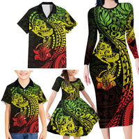 Hawaiian Manta Ray and Hammerhead Shark Tribal Tattoo Family Matching Long Sleeve Bodycon Dress and Hawaiian Shirt with Polynesian Tribal Pattern Reggae Style LT03 - Polynesian Pride