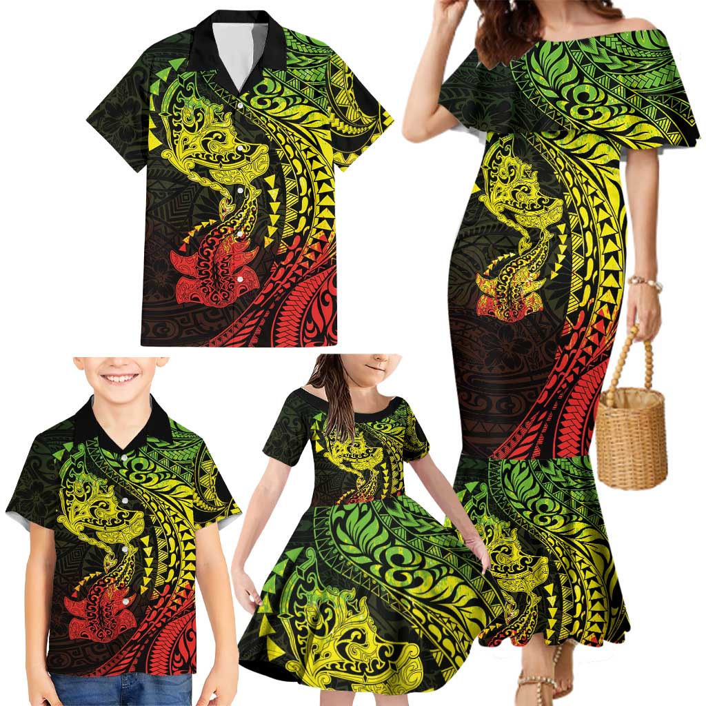 Hawaiian Manta Ray and Hammerhead Shark Tribal Tattoo Family Matching Mermaid Dress and Hawaiian Shirt with Polynesian Tribal Pattern Reggae Style LT03 - Polynesian Pride