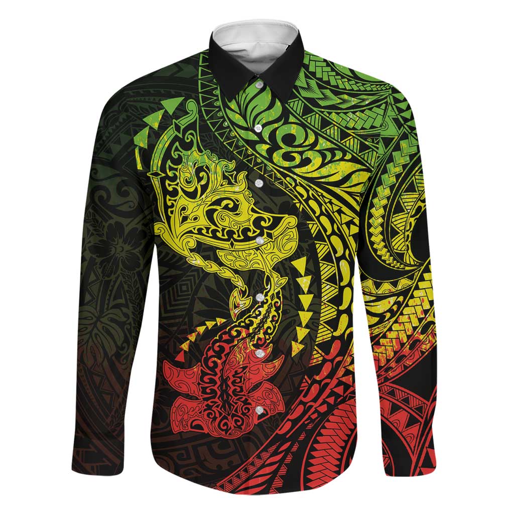 Hawaiian Manta Ray and Hammerhead Shark Tribal Tattoo Family Matching Mermaid Dress and Hawaiian Shirt with Polynesian Tribal Pattern Reggae Style LT03 Dad's Shirt - Long Sleeve Multicolor - Polynesian Pride