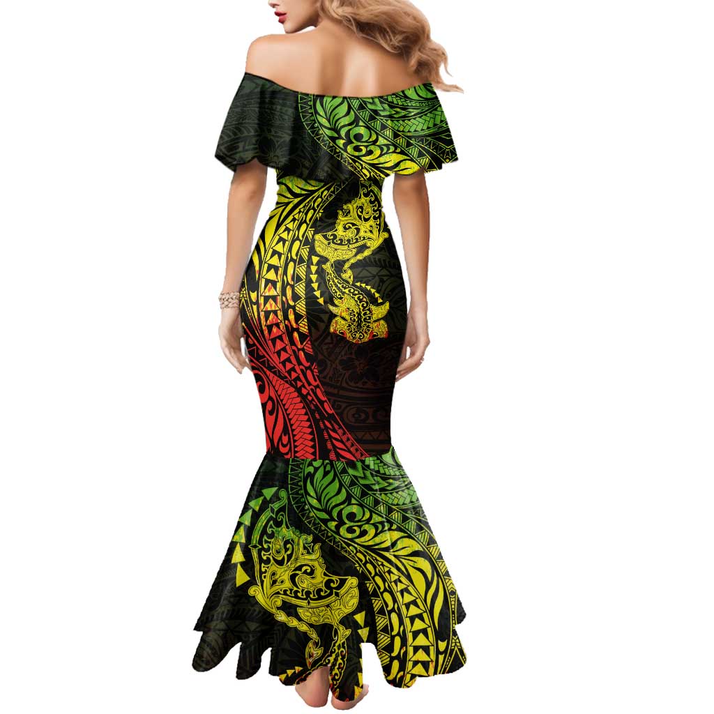 Hawaiian Manta Ray and Hammerhead Shark Tribal Tattoo Family Matching Mermaid Dress and Hawaiian Shirt with Polynesian Tribal Pattern Reggae Style LT03 - Polynesian Pride
