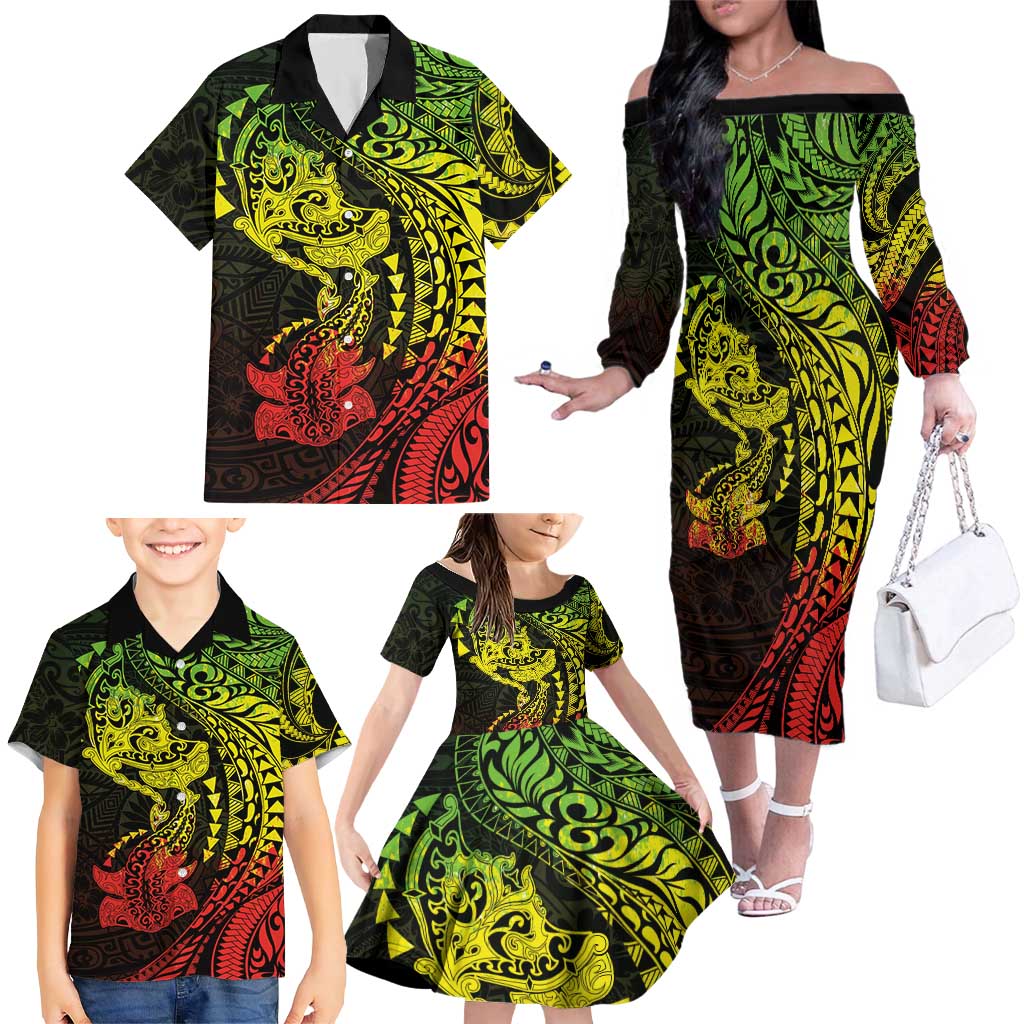 Hawaiian Manta Ray and Hammerhead Shark Tribal Tattoo Family Matching Off The Shoulder Long Sleeve Dress and Hawaiian Shirt with Polynesian Tribal Pattern Reggae Style