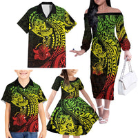 Hawaiian Manta Ray and Hammerhead Shark Tribal Tattoo Family Matching Off The Shoulder Long Sleeve Dress and Hawaiian Shirt with Polynesian Tribal Pattern Reggae Style LT03 - Polynesian Pride