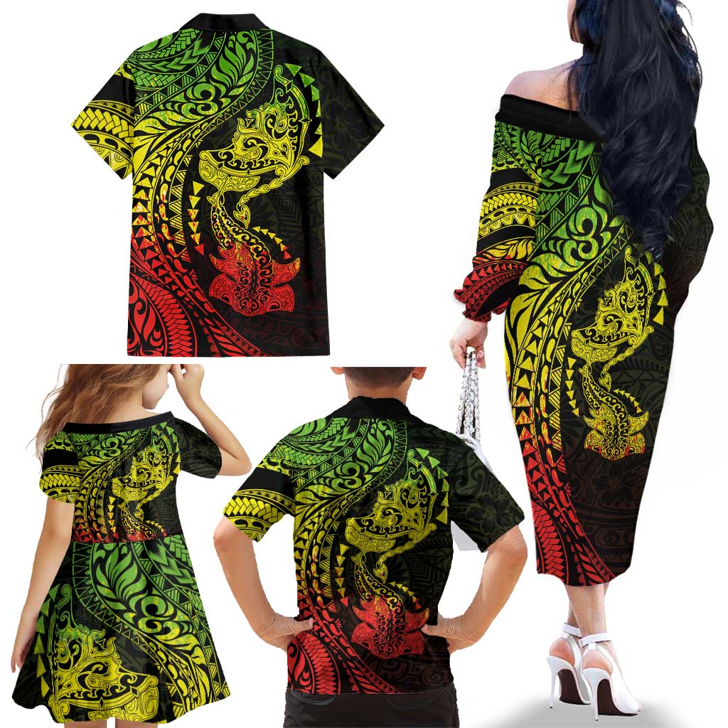 Hawaiian Manta Ray and Hammerhead Shark Tribal Tattoo Family Matching Off The Shoulder Long Sleeve Dress and Hawaiian Shirt with Polynesian Tribal Pattern Reggae Style LT03 - Polynesian Pride