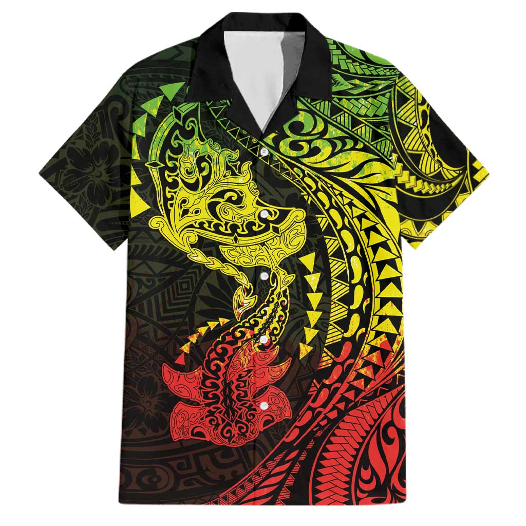 Hawaiian Manta Ray and Hammerhead Shark Tribal Tattoo Family Matching Off Shoulder Maxi Dress and Hawaiian Shirt with Polynesian Tribal Pattern Reggae Style LT03 Dad's Shirt - Short Sleeve Multicolor - Polynesian Pride