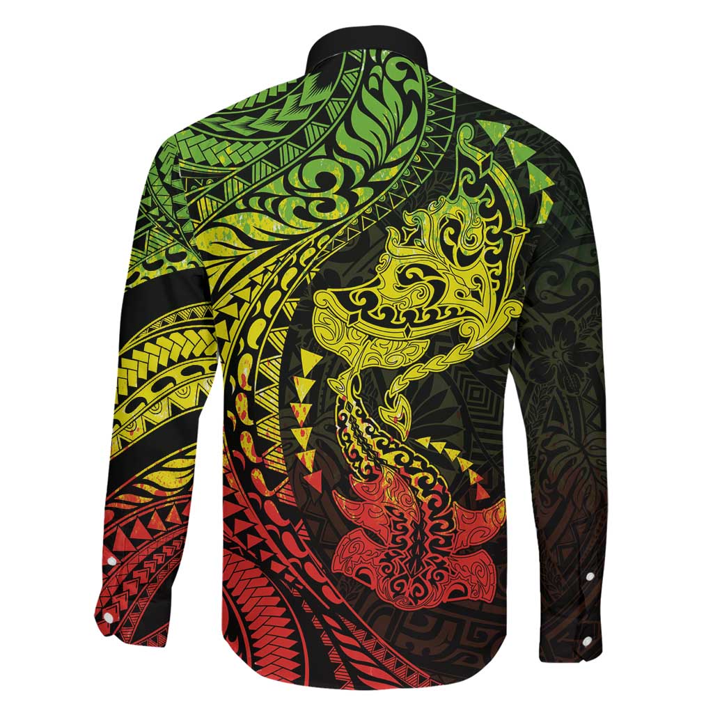 Hawaiian Manta Ray and Hammerhead Shark Tribal Tattoo Family Matching Off Shoulder Maxi Dress and Hawaiian Shirt with Polynesian Tribal Pattern Reggae Style LT03 - Polynesian Pride