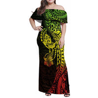 Hawaiian Manta Ray and Hammerhead Shark Tribal Tattoo Family Matching Off Shoulder Maxi Dress and Hawaiian Shirt with Polynesian Tribal Pattern Reggae Style LT03 Mom's Dress Multicolor - Polynesian Pride