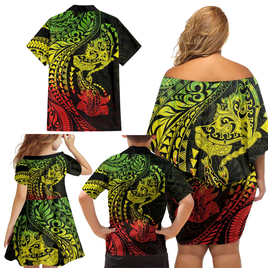 Hawaiian Manta Ray and Hammerhead Shark Tribal Tattoo Family Matching Off Shoulder Short Dress and Hawaiian Shirt with Polynesian Tribal Pattern Reggae Style LT03 - Polynesian Pride