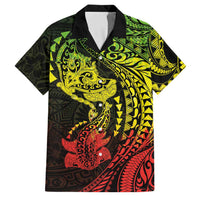 Hawaiian Manta Ray and Hammerhead Shark Tribal Tattoo Family Matching Off Shoulder Short Dress and Hawaiian Shirt with Polynesian Tribal Pattern Reggae Style LT03 Dad's Shirt - Short Sleeve Multicolor - Polynesian Pride