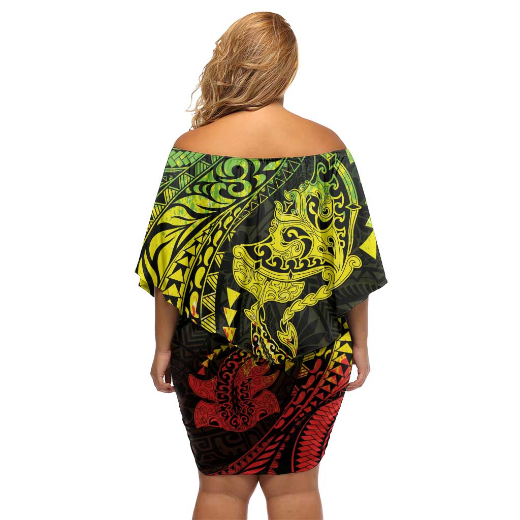 Hawaiian Manta Ray and Hammerhead Shark Tribal Tattoo Family Matching Off Shoulder Short Dress and Hawaiian Shirt with Polynesian Tribal Pattern Reggae Style LT03 - Polynesian Pride