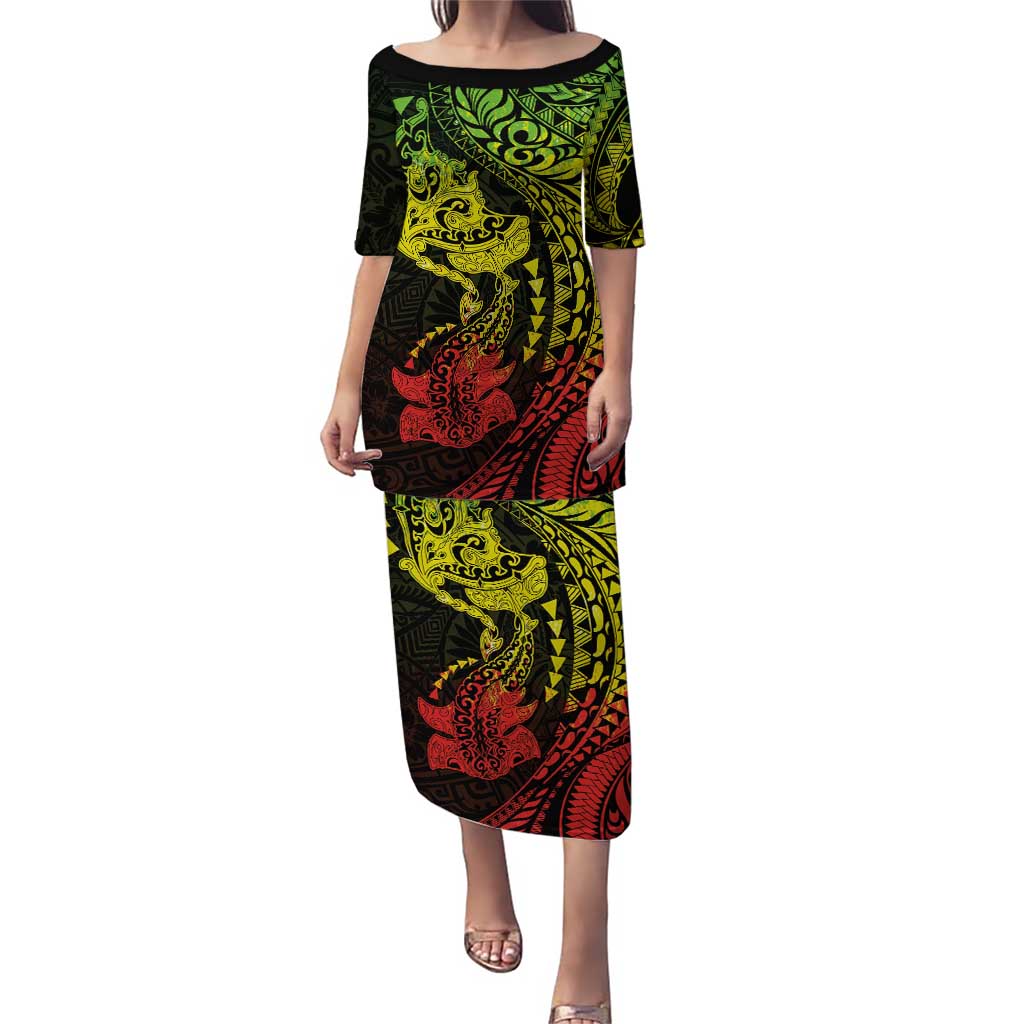 Hawaiian Manta Ray and Hammerhead Shark Tribal Tattoo Family Matching Puletasi and Hawaiian Shirt with Polynesian Tribal Pattern Reggae Style LT03 Mom's Dress Multicolor - Polynesian Pride