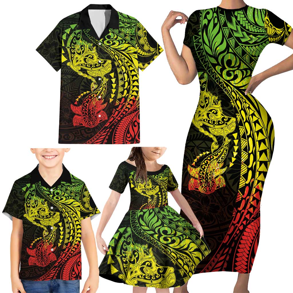 Hawaiian Manta Ray and Hammerhead Shark Tribal Tattoo Family Matching Short Sleeve Bodycon Dress and Hawaiian Shirt with Polynesian Tribal Pattern Reggae Style LT03 - Polynesian Pride
