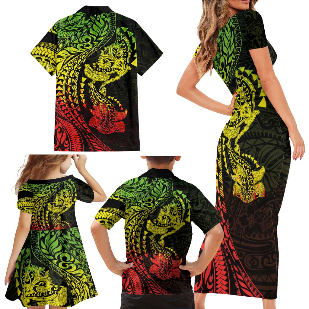 Hawaiian Manta Ray and Hammerhead Shark Tribal Tattoo Family Matching Short Sleeve Bodycon Dress and Hawaiian Shirt with Polynesian Tribal Pattern Reggae Style LT03 - Polynesian Pride