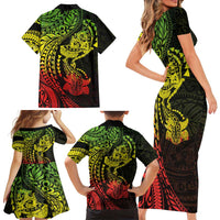 Hawaiian Manta Ray and Hammerhead Shark Tribal Tattoo Family Matching Short Sleeve Bodycon Dress and Hawaiian Shirt with Polynesian Tribal Pattern Reggae Style LT03 - Polynesian Pride