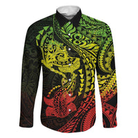 Hawaiian Manta Ray and Hammerhead Shark Tribal Tattoo Family Matching Short Sleeve Bodycon Dress and Hawaiian Shirt with Polynesian Tribal Pattern Reggae Style LT03 Dad's Shirt - Long Sleeve Multicolor - Polynesian Pride