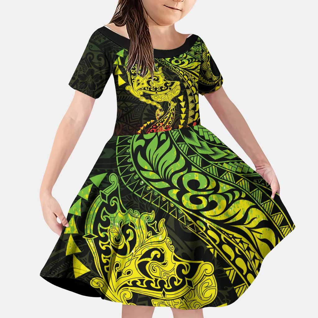 Hawaiian Manta Ray and Hammerhead Shark Tribal Tattoo Family Matching Summer Maxi Dress and Hawaiian Shirt with Polynesian Tribal Pattern Reggae Style LT03 Daughter's Dress Multicolor - Polynesian Pride