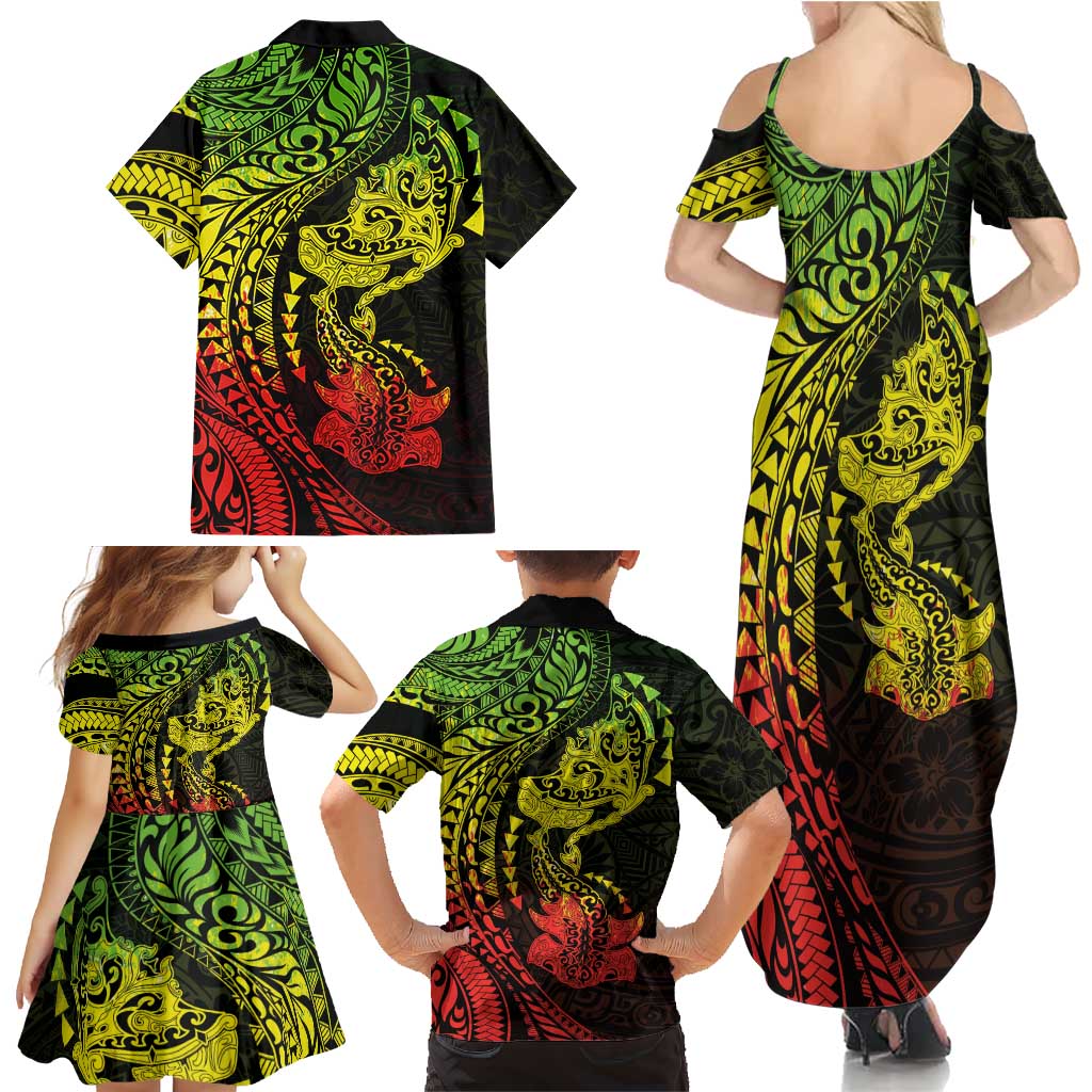 Hawaiian Manta Ray and Hammerhead Shark Tribal Tattoo Family Matching Summer Maxi Dress and Hawaiian Shirt with Polynesian Tribal Pattern Reggae Style LT03 - Polynesian Pride
