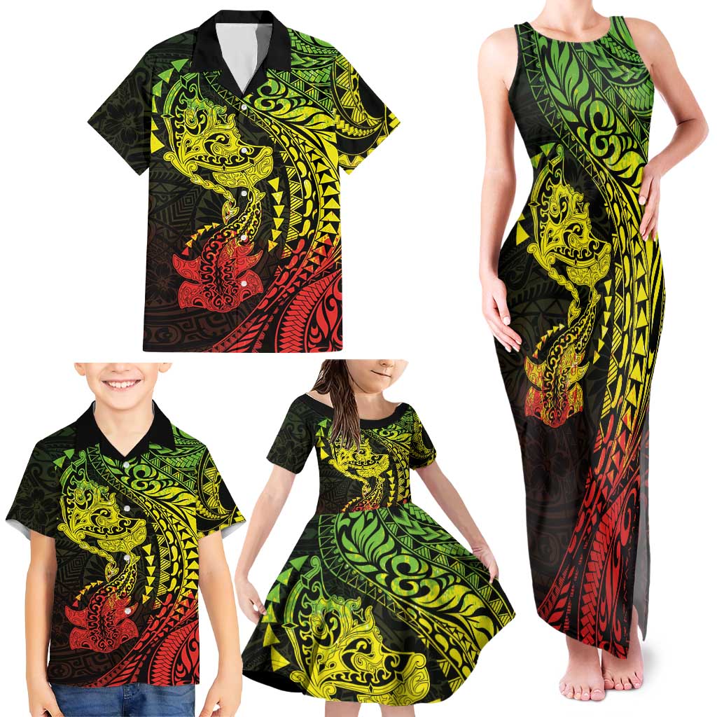 Hawaiian Manta Ray and Hammerhead Shark Tribal Tattoo Family Matching Tank Maxi Dress and Hawaiian Shirt with Polynesian Tribal Pattern Reggae Style