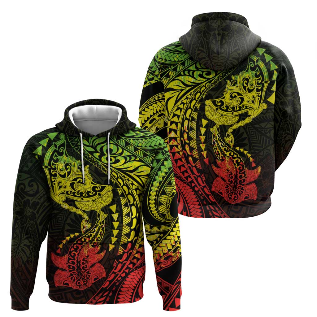Hawaiian Manta Ray and Hammerhead Shark Tribal Tattoo Hoodie with Polynesian Tribal Pattern Reggae Style LT03 - Polynesian Pride