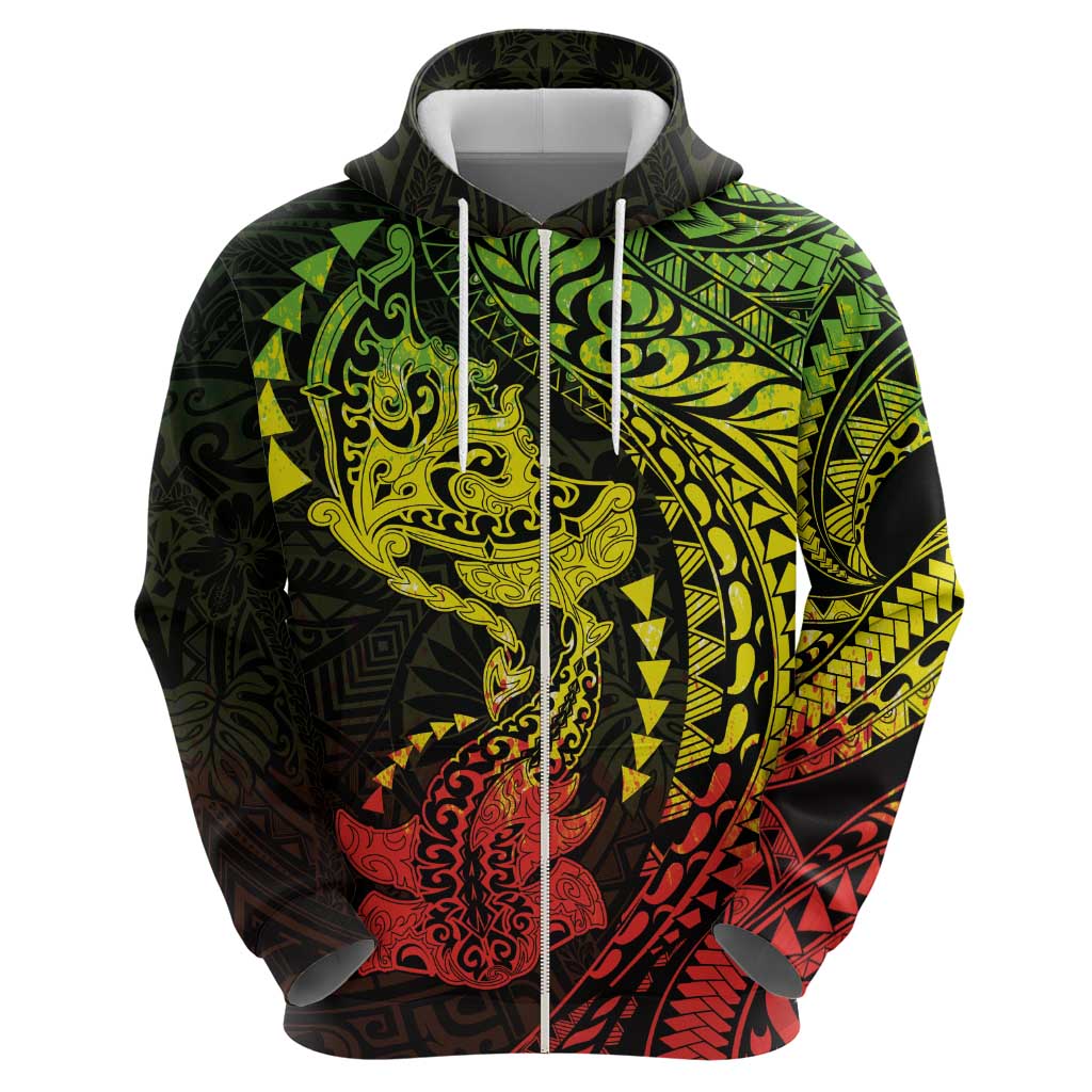 Hawaiian Manta Ray and Hammerhead Shark Tribal Tattoo Hoodie with Polynesian Tribal Pattern Reggae Style LT03 - Polynesian Pride