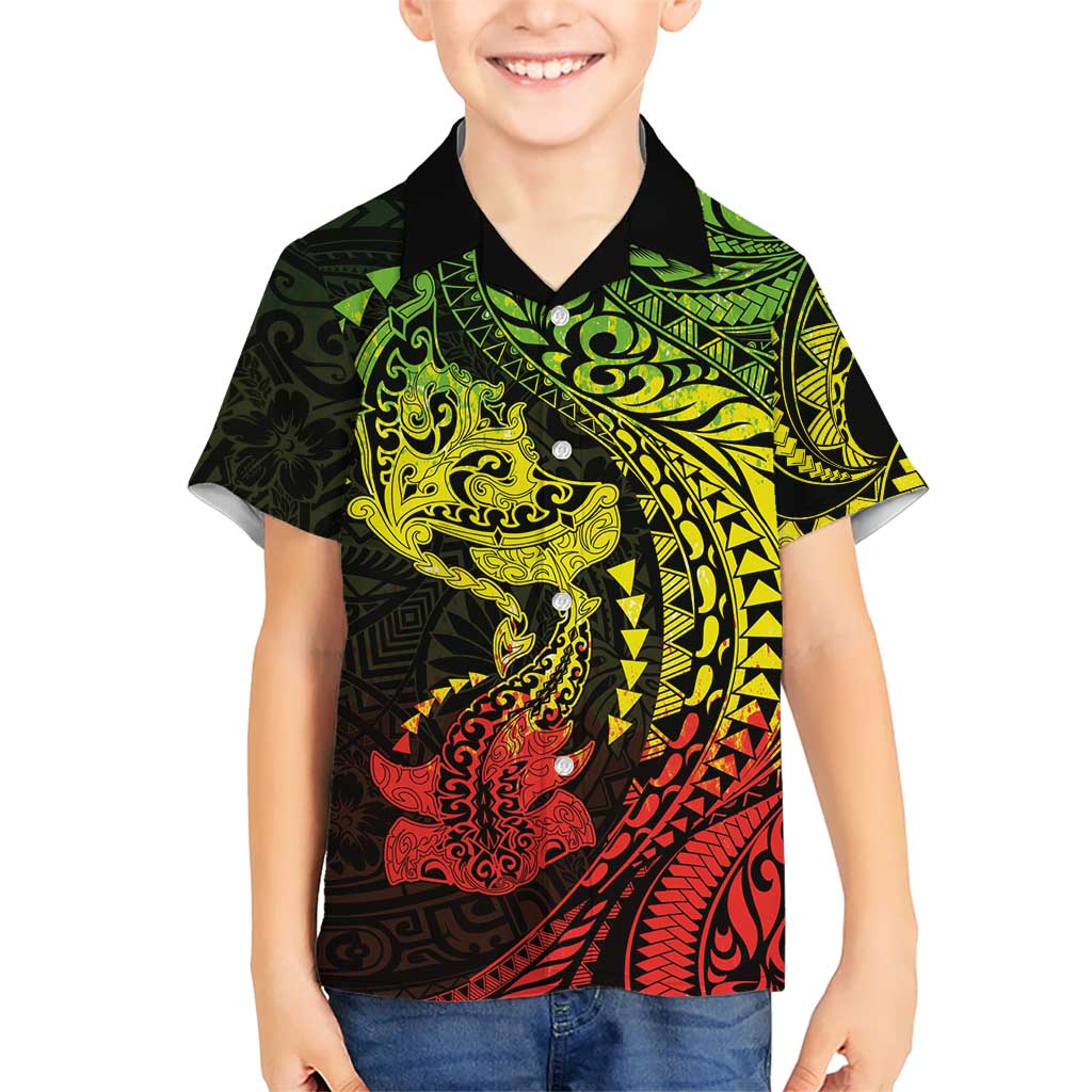 Hawaiian Manta Ray and Hammerhead Shark Tribal Tattoo Kid Hawaiian Shirt with Polynesian Tribal Pattern Reggae Style LT03 Kid Multicolor - Polynesian Pride