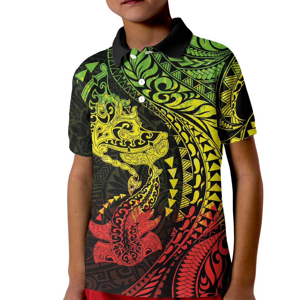 Hawaiian Manta Ray and Hammerhead Shark Tribal Tattoo Kid Polo Shirt with Polynesian Tribal Pattern Reggae Style LT03 Kid Multicolor - Polynesian Pride