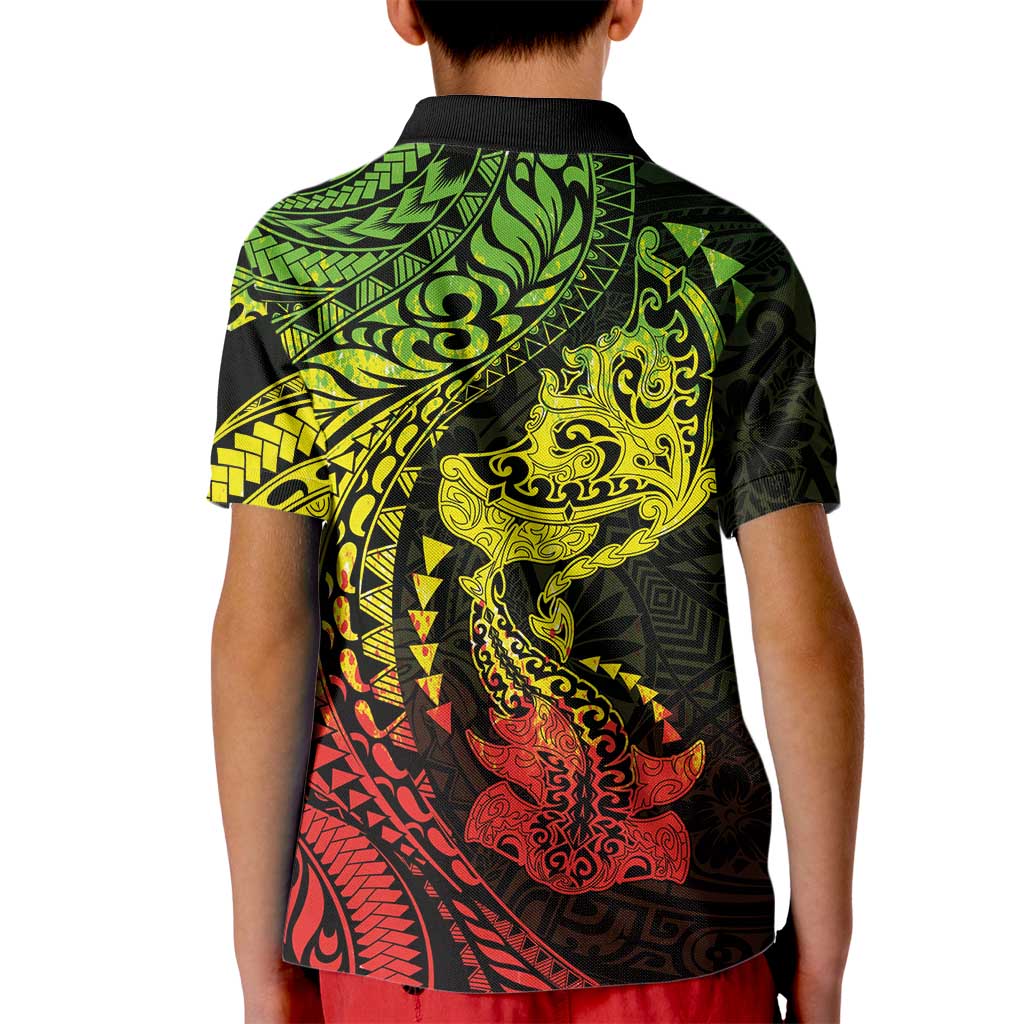 Hawaiian Manta Ray and Hammerhead Shark Tribal Tattoo Kid Polo Shirt with Polynesian Tribal Pattern Reggae Style LT03 - Polynesian Pride