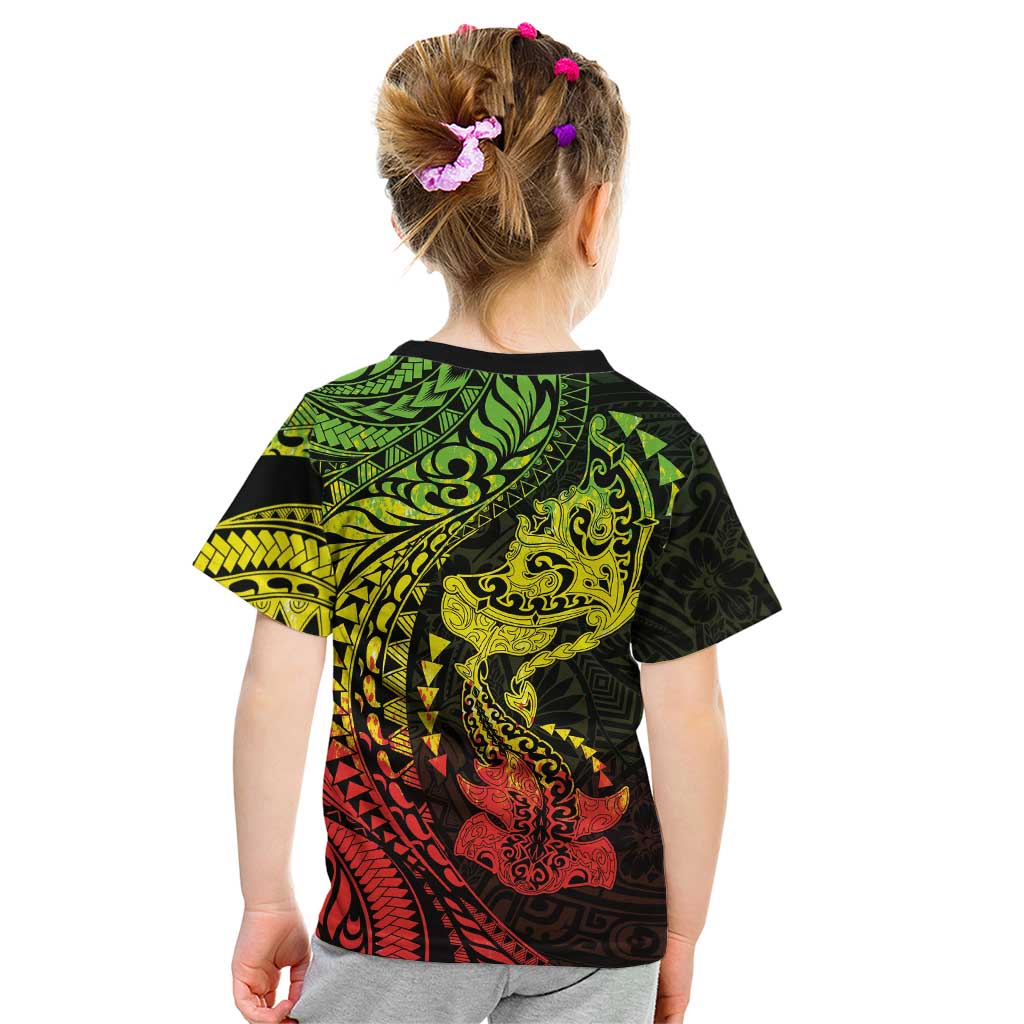 Hawaiian Manta Ray and Hammerhead Shark Tribal Tattoo Kid T Shirt with Polynesian Tribal Pattern Reggae Style LT03 - Polynesian Pride