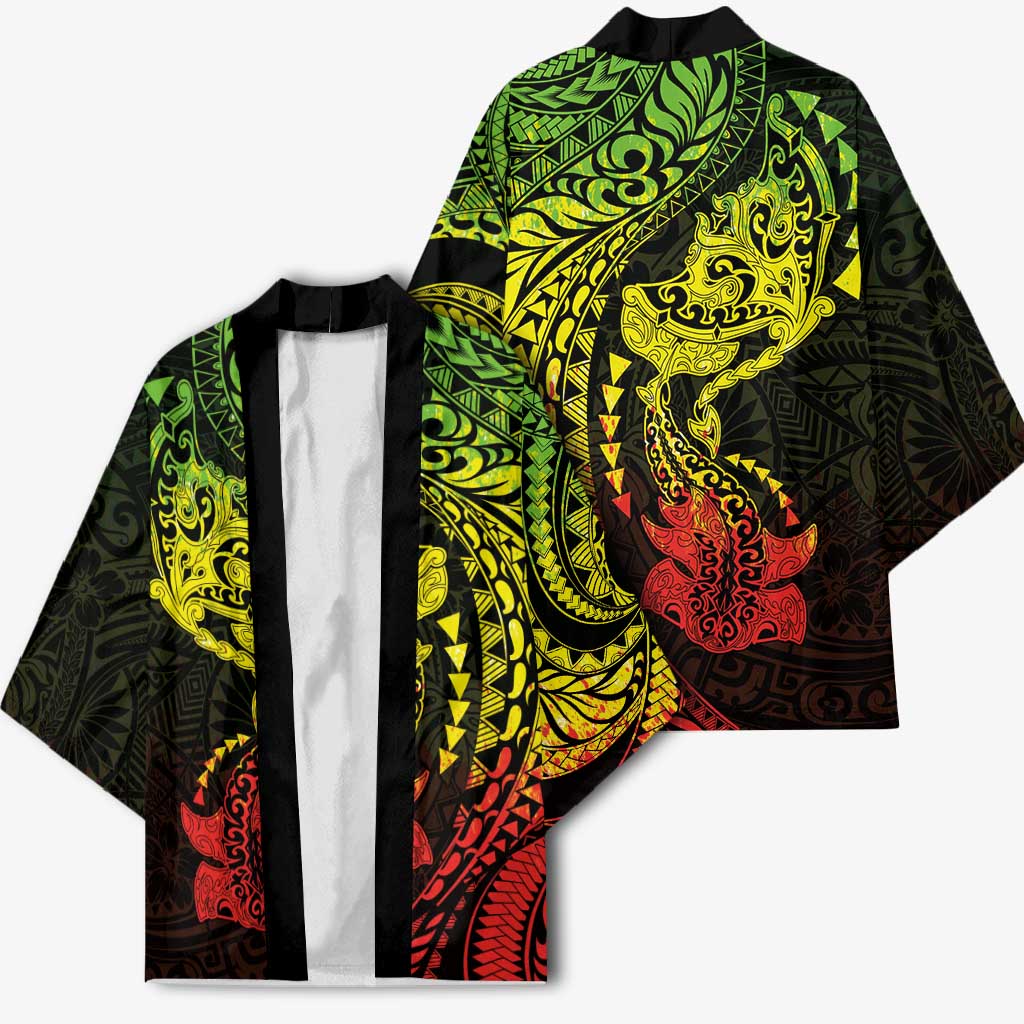 Hawaiian Manta Ray and Hammerhead Shark Tribal Tattoo Kimono with Polynesian Tribal Pattern Reggae Style