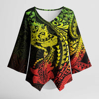 Hawaiian Manta Ray and Hammerhead Shark Tribal Tattoo Kimono Sleeve Blouse with Polynesian Tribal Pattern Reggae Style