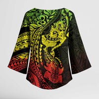 Hawaiian Manta Ray and Hammerhead Shark Tribal Tattoo Kimono Sleeve Blouse with Polynesian Tribal Pattern Reggae Style