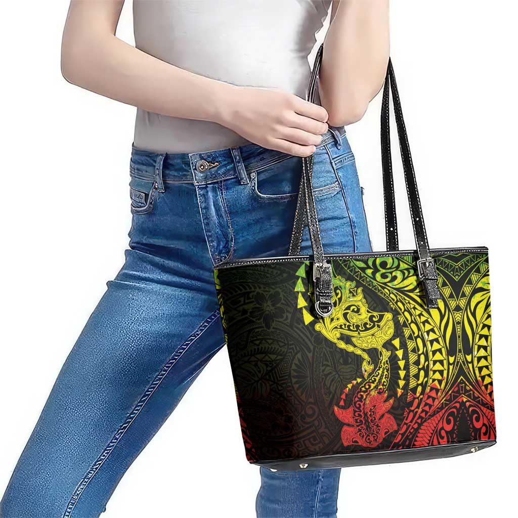 Hawaiian Manta Ray and Hammerhead Shark Tribal Tattoo Leather Tote Bag with Polynesian Tribal Pattern Reggae Style