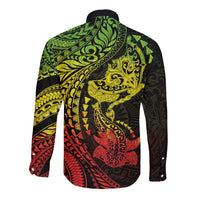 Hawaiian Manta Ray and Hammerhead Shark Tribal Tattoo Long Sleeve Button Shirt with Polynesian Tribal Pattern Reggae Style