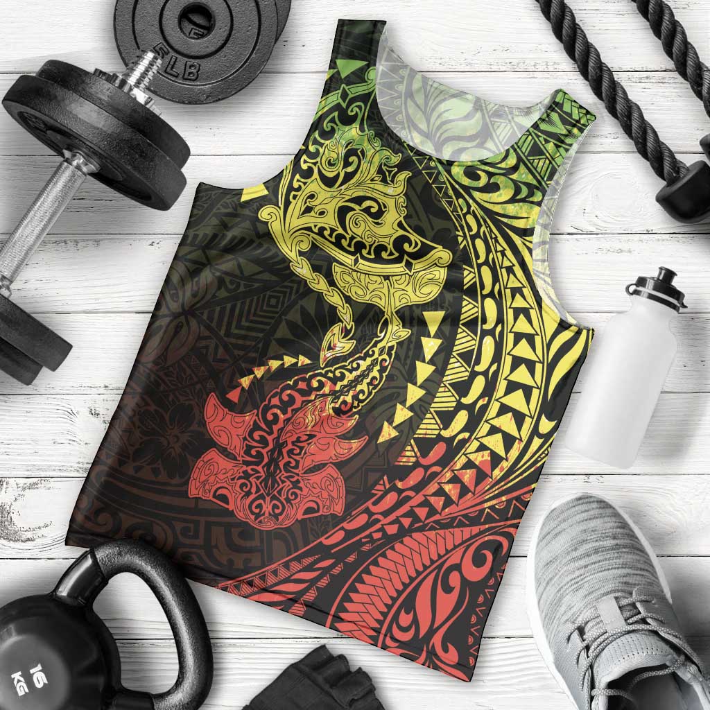 Hawaiian Manta Ray and Hammerhead Shark Tribal Tattoo Men Tank Top with Polynesian Tribal Pattern Reggae Style
