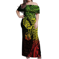 Hawaiian Manta Ray and Hammerhead Shark Tribal Tattoo Off Shoulder Maxi Dress with Polynesian Tribal Pattern Reggae Style LT03 Women Multicolor - Polynesian Pride