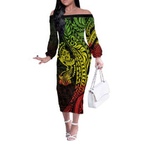 Hawaiian Manta Ray and Hammerhead Shark Tribal Tattoo Off The Shoulder Long Sleeve Dress with Polynesian Tribal Pattern Reggae Style LT03 Women Multicolor - Polynesian Pride