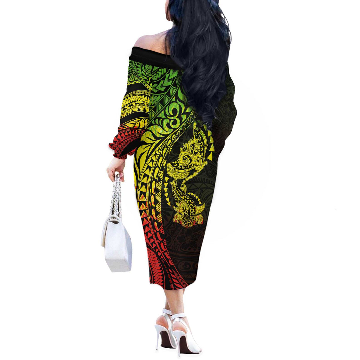 Hawaiian Manta Ray and Hammerhead Shark Tribal Tattoo Off The Shoulder Long Sleeve Dress with Polynesian Tribal Pattern Reggae Style LT03 - Polynesian Pride