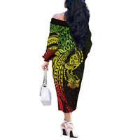 Hawaiian Manta Ray and Hammerhead Shark Tribal Tattoo Off The Shoulder Long Sleeve Dress with Polynesian Tribal Pattern Reggae Style LT03 - Polynesian Pride