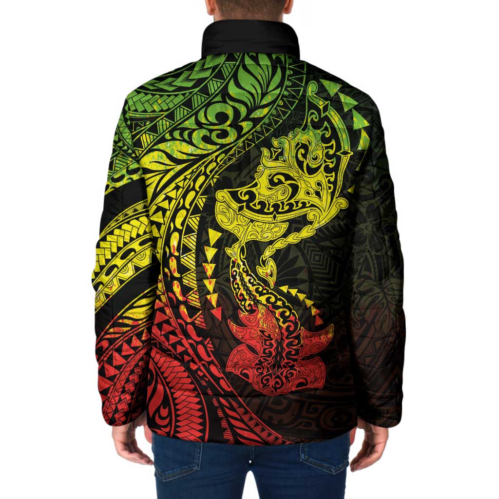 Hawaiian Manta Ray and Hammerhead Shark Tribal Tattoo Padded Jacket with Polynesian Tribal Pattern Reggae Style