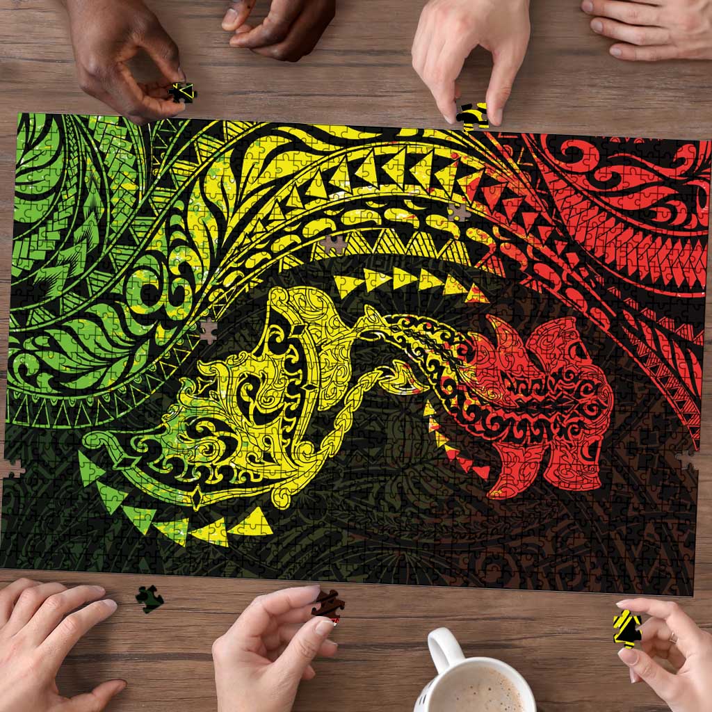 Hawaiian Manta Ray and Hammerhead Shark Tribal Tattoo Puzzle with Polynesian Tribal Pattern Reggae Style